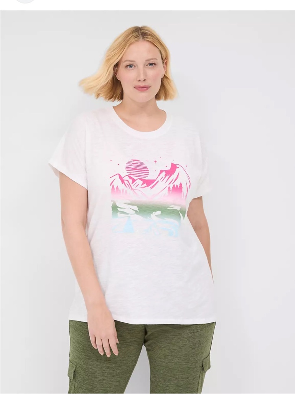 Lane Bryant White Crew-Neck Tee with Pink & Green Scenic Graphic